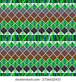 Concept: Organic Geometric Harmony The concept of this design is an exploration of natural textures through a structured, modern lens. The pattern is composed of a rhythmic horizontal band of diamond-shaped tiles, each containing a unique organic texture—ranging from lush green leaf veins and dark forest shadows to earthy brown wood grains and intricate botanical filigree. This composition represents the diversity of the natural world, organized into a clean, sophisticated mosaic that balances raw organic beauty with geometric precision.
Theme: Rustic Modernism and Eco-Conscious Decor The theme is Nature-Inspired Minimalism, focusing on a rich, earthy color palette of deep greens, forest blacks, and warm browns. The design bridges the gap between traditional folk art and contemporary graphic style. It is exceptionally well-suited for eco-friendly product packaging, sustainable fashion textiles, rustic interior wallpapers, corporate branding for natural lifestyle products, and architectural accents that aim to project a sense of groundedness, environmental connection, and artisanal quality.