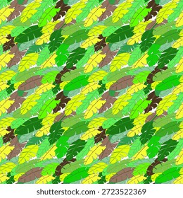 Konzept: Dichte des organischen Dschungels Das Konzept dieses Designs besteht darin, die üppige, überlappende Schönheit eines tropischen Regenwaldddaches einzufangen. Er konzentriert sich auf die natürliche Silhouette von Bananen- und Palmenblättern, die in einer dichten, mehrschichtigen Komposition angeordnet sind, die ein Gefühl von Tiefe und Fülle schafft. Durch die Verwendung verschiedener Farbtöne von Kalkgrün, Waldgrün, sonnigem Gelb und erdigem Braun spiegelt das Kunstwerk den vielfältigen Lebenszyklus tropischer Blätter wider, vom frischen neuen Wachstum bis hin zu reifen Blättern, die alle zu einem nahtlosen rhythmischen Fluss verwoben sind.
Thema: Summer Botanical und Modern Eco-Chic Das Thema ist Modern Tropical Botanical, betont eine saubere, aber lebendige Ästhetik, die die Natur in sich bringt. Dieses Design folgt dem "biophilen" Trend, der Menschen durch Innen- und Modeelemente mit der Natur verbinden will. Die energiegeladene Farbpalette macht es zu einer perfekten Wahl für Sommerkleidung, trendige Badebekleidung, umweltfreundliche Verpackungen, lebendige Tapeten für Gastfreundschaftsräume und digitale Kulissen für Wellness- oder Naturmarkenprojekte.