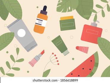 The concept of organic natural cosmetics composition. Tubes of lotion, oil, cream, scrub, serum in glass. On the background of green leaves, plants, tropical leaves. Flat style vector illustration.