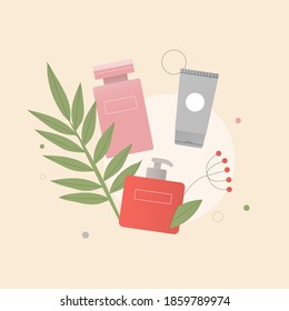 The concept of organic natural cosmetics composition. Tubes of lotion, oil, cream, scrub, serum in glass. On the background of green leaves, plants, tropical leaves. Flat style vector illustration.