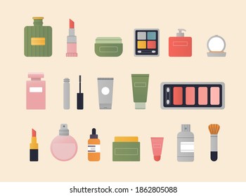 El concepto de composición de cosméticos naturales orgánicos. Tubos de loción, aceite, crema, exfoliación, suero en vidrio. Ilustración vectorial de estilo plano.