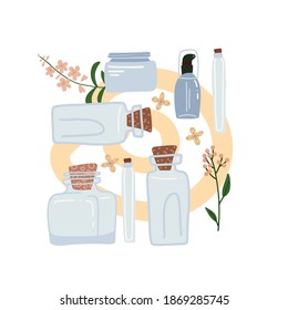 The concept of organic natural cosmetics composition. Glass Tubes of lotion, oil, cream, serum. On the background of green leaves, plants, abstract shapes. Flat style vector illustration