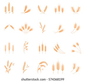 Concept for organic products label, harvest and farming, grain, bakery, healthy food. Set of simple wheats ears icons and wheat design elements, organic wheats local farm fresh food, bakery.