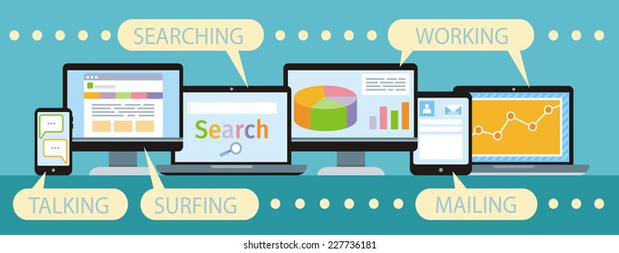 Concept of organisation business workflow through smartphone,laptop, digital tablet and computer