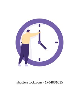 el concepto de organización y gestión del tiempo, gestión. un gerente da vuelta las manos del reloj para que se ponga. estrategia y eficiencia en la gestión del tiempo. estilo plano. diseño vectorial