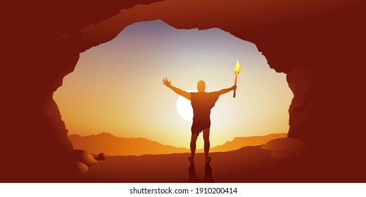 Concept of the origin of mankind and the invention of fire, with a prehistoric man holding up a lighted torch at the entrance to his cave, looking at the sun. svg