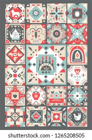 Concept of original Christmas greeting  card made of folk patterned squares.
