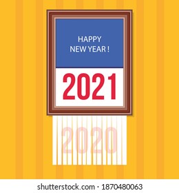 concept for an original greeting card, showing a painting in a frame, on which is written 2021 with the year 2019 which disappears passing through a grinder.