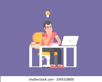 Concept of the original idea. Young man - student or manager sits at a table and thinks about ideas with light bulb at the top on purple background. Vector illustration