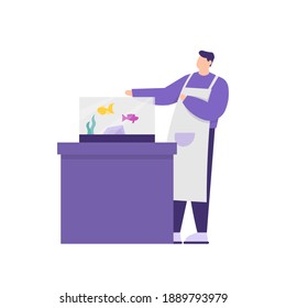 a concept of an ornamental fish seller, fish lover, ornamental fish care services. illustration of a man standing, an aquarium containing several fish. flat style. vector design elements