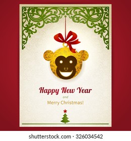Concept ornate card with Christmas toy, ribbons and place for text. Greeting card with head of Monkey - symbol of 2016. Element for Christmas and New Year's design. Elegant traditional lacy decor.