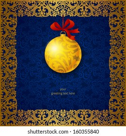 Concept ornate frame with Christmas toy, ribbons and place for text. Element for Christmas design.It can be used for decorating of invitations, greeting cards, labels, decoration for bags and clothes.
