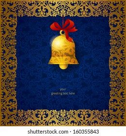 Concept ornate frame with Christmas toy, ribbons and place for text. Element for Christmas design.It can be used for decorating of invitations, greeting cards, labels, decoration for bags and clothes.