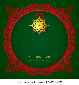 Concept ornate frame with Christmas toy, ribbons and place for text. Element for Christmas design. It can be used for decorating of invitations, greeting cards, labels, decoration for bags and clothes