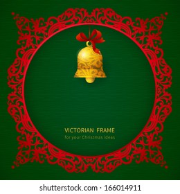 Concept ornate frame with Christmas toy, ribbons and place for text. Element for Christmas design.It can be used for decorating of invitations, greeting cards, labels, decoration for bags and clothes 