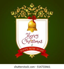 Concept ornate frame with golden bell, red ribbon, place for text. Element for Christmas and New Year's design. Xmas greeting card in Victorian style. Elegant traditional lacy decor.