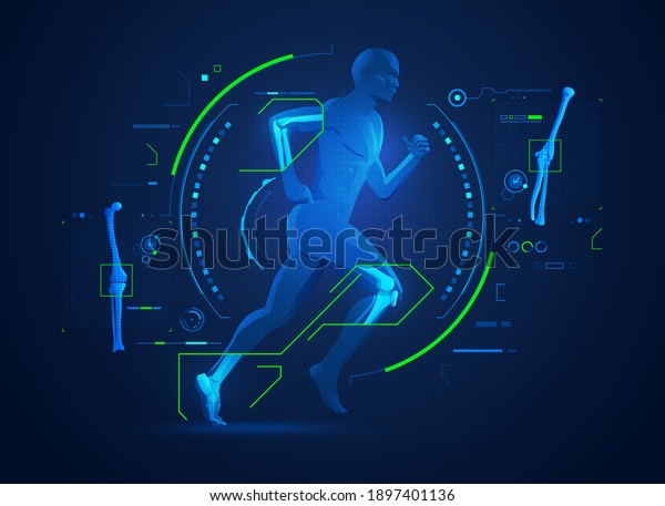 concept of\
orthopedic technology or bones and joints medical treatment,\
graphic of running man with x-ray\
interface