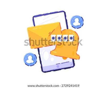 The concept of OTP or One Time Password. A unique, one-time verification code. Security and protection of user accounts. Receiving a coded message. Illustration of a smartphone with a message symbol and a bell. Flat, outline, crayon style.