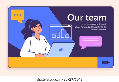 Concept Of Our Team. Character Works On Laptop. Modern Technologies, Graphs, Reports. Analytical Department, Coworking, Remote Employee, Comfortable Workplace. Cartoon Flat Vector Illustration