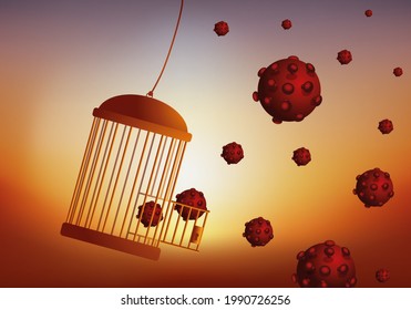 Concept of an out of control coronavirus epidemic, symbolically with the COVID-19 virus escaping its cage and going to infect the world.