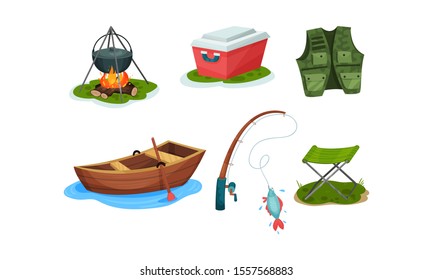 The Concept Of Outdoor Activities. Fishing Equipment Vector Illustration Set Isolated On White Background