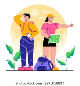 Concept of outdoor activities. Tourists guy and girl get lost and look in different directions tedious route with paper map in hands. Flat vector illustration