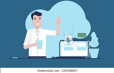 Concept of outsourcing. Happy young redhead woman freelancer working at home with cup coffee and smartphone.Online shoping. User experience for web and applications with modern man