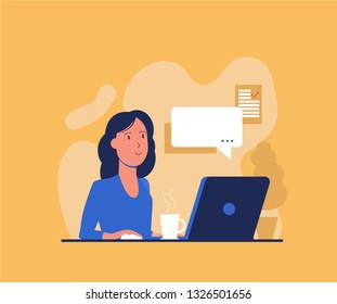Concept of outsourcing. Happy young redhead woman freelancer working at home with cup coffee and smartphone.Online shoping. User experience for web and applications with modern woman