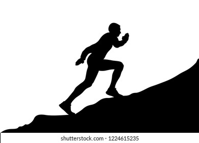 concept to overcome difficulties. man climbing steep mountain