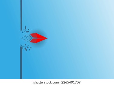 Concept of overcoming barriers, goal, target with red paper plane breaking through obstacle on white background
