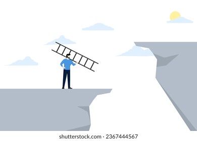 Concept of overcoming business obstacles, businessman lifting ladder on his shoulders to climb high cliffs, challenges to solve business problems and see opportunities. flat vector illustration.