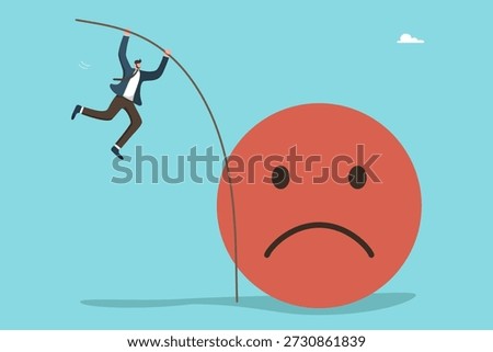 Concept of overcoming challenges, workplace stress, problem solving, turning negativity into success, influx of strength and energy for productive work. Businessman pole vaulting over large sad emoji.