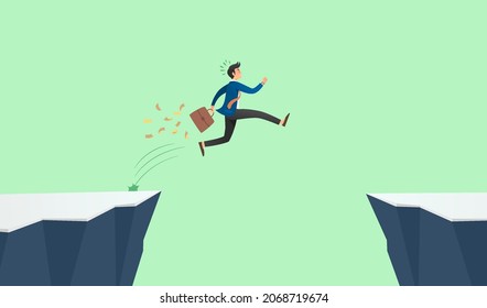 The concept of overcoming obstacles in business on the road to success. A young successful businessman jumps over the abyss.  Flat vector illustration. Concept of business, winning strategy.