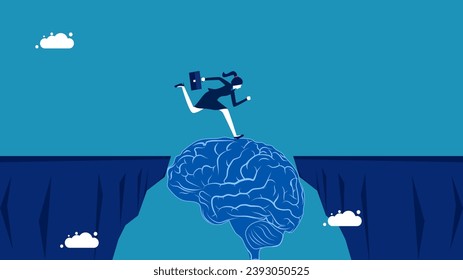 Concept of overcoming obstacles. Businesswoman running across the brain bridge over the cliff