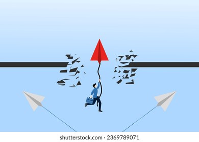 Concept of overcoming obstacles, hurdles, goals, targets with red paper planes breaking through obstacles while other paper planes don't. business or leadership efforts for growth and success.