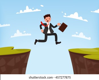 Concept of overcoming obstacles to work. Businessman jumps open. Vector illustration of a flat design