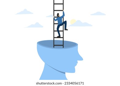 concept of overcoming your limits. out of mind. Go beyond learning. Achieving success. looking for new challenges. Young man climbing ladder from giant head. flat vector illustration.
