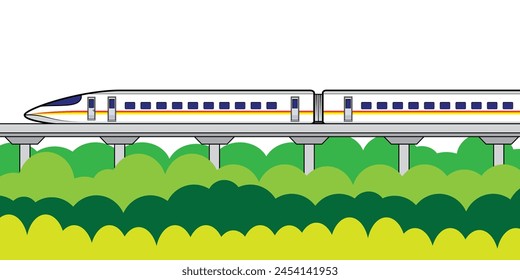 Concept of overhead railway high speed train with orange yellow strips drawing in colorful cartoon vector