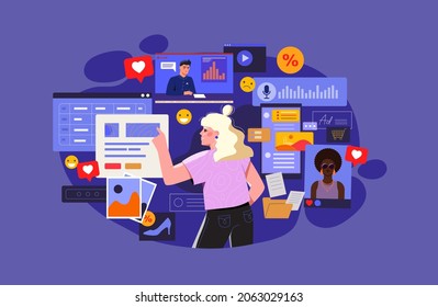 Concept of overload. Girl watching news. Marketer analyzes current trends. Social networks, large amount of information, modern technologies, interest, enjoy. Cartoon flat vector illustration