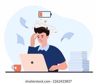 Concept of overloaded working and needs battery recharge Flat vector illustration.