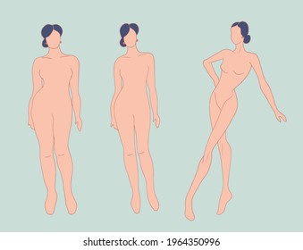Concept of overweight and diet. Before and after. Silhouette sequence of woman. Progress in weight loss. From fat people to slim and fit people. Fitness for weight loss. Health