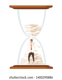 Concept of overwork in office. Tired man in sand hourglass with papers. Cartoon character design. Worked overtime, tired office worker. Stress of work. Flat vector illustration, deadline