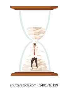Concept of overwork in office. Tired man in sand hourglass with papers. Cartoon character design. Worked overtime, tired office worker. Stress of work. Flat vector illustration, deadline.