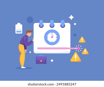 concept of overwork and overtime work. exhausted from working excessively and exceeding working hours. time and trouble. illustration of a man who is tired because of working overtime. flat style