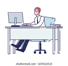 Concept Of Overworked And Burnout. Angry Office Worker Or Boss Is Working On the Computer At Workplace. Stressed Character Trying To Complete Work. Cartoon Linear Outline Flat Vector Illustration