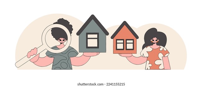 The concept of owning a home. Guy and girl realtor sells a house.