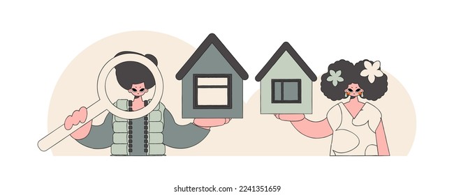 The concept of owning a home. Guy and girl real estate agent sells a house.