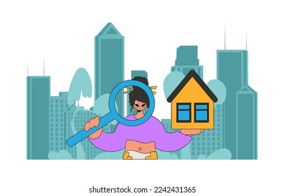 The concept of owning a home. Real estate realtor girl holding a house.