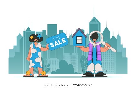 The concept of owning a home. Real estate realtor team sells a house.