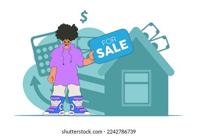 The concept of owning a home. Real estate realtor guy sells a house.